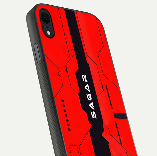Voltage Rise CYBERPUNK Custom Name Glass Case for iPhone X close-up angled shot highlighting neon glow and reflection