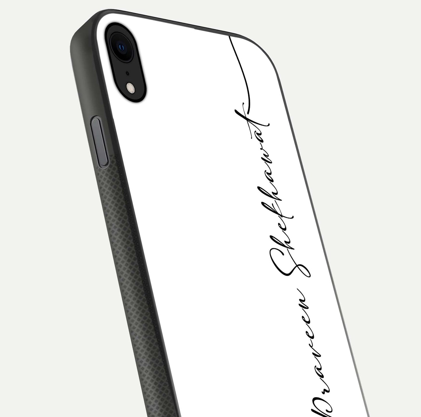White Tune Custom Name Glass Case for iPhone X close-up angled shot highlighting gloss reflection and texture