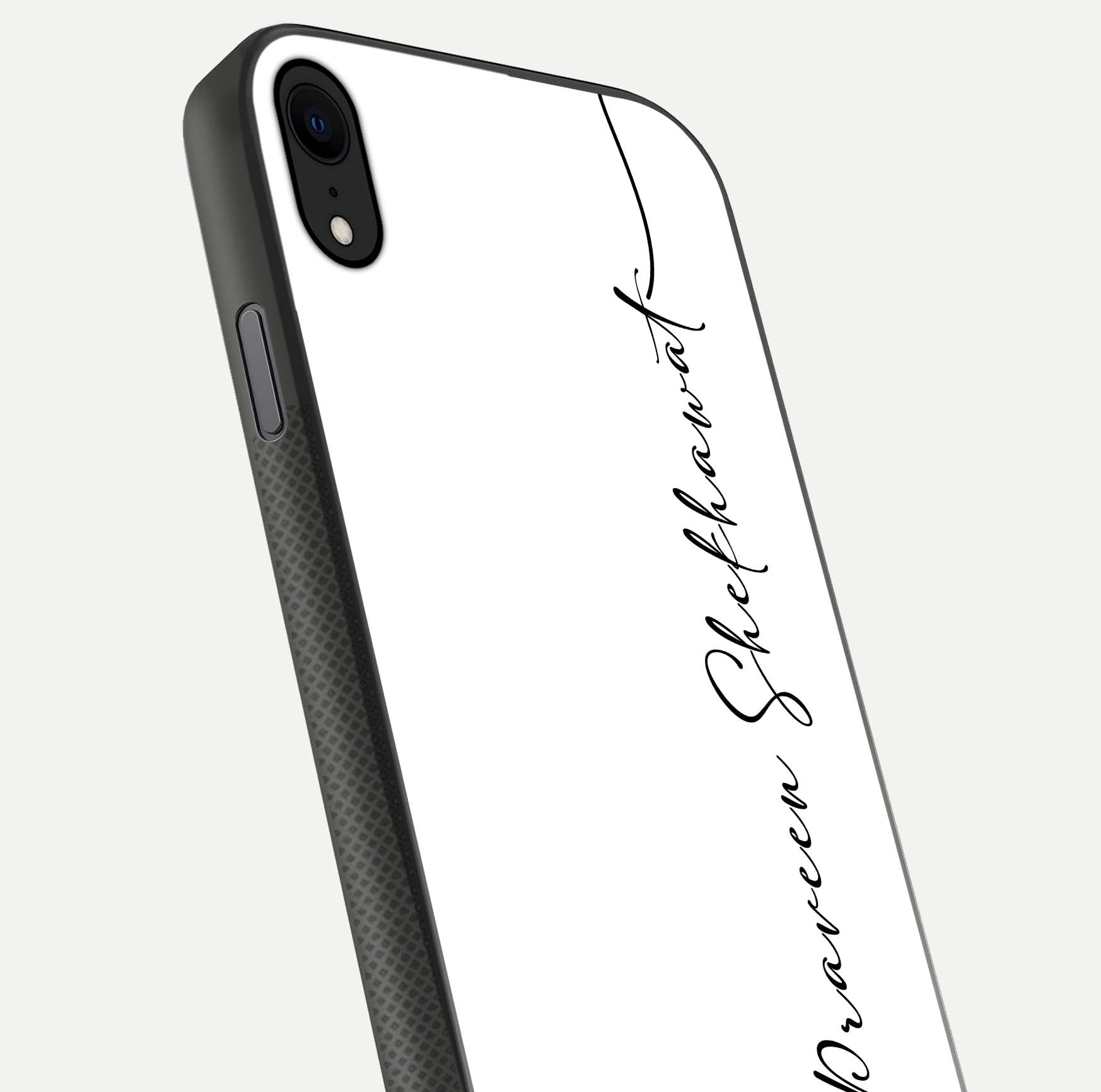 White Tune Custom Name Glass Case for iPhone X close-up angled shot highlighting gloss reflection and texture