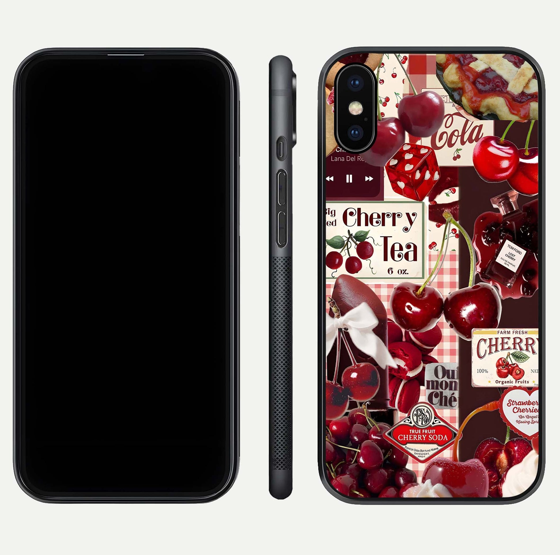 Aesthetic Cherry Tea Glass Case for iPhone 16 Pro front and back view layout showing black front display and artistic cherry-themed glass back
