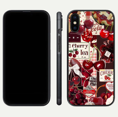 Aesthetic Cherry Tea Glass Case for iPhone 16 Pro front and back view layout showing black front display and artistic cherry-themed glass back