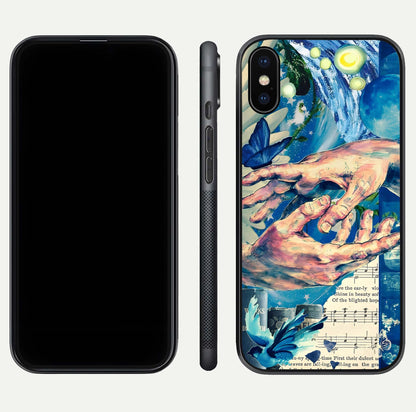Aesthetic Divider Glass Case for iPhone 16 Pro front and back view layout showing black front display and minimal divider glass back