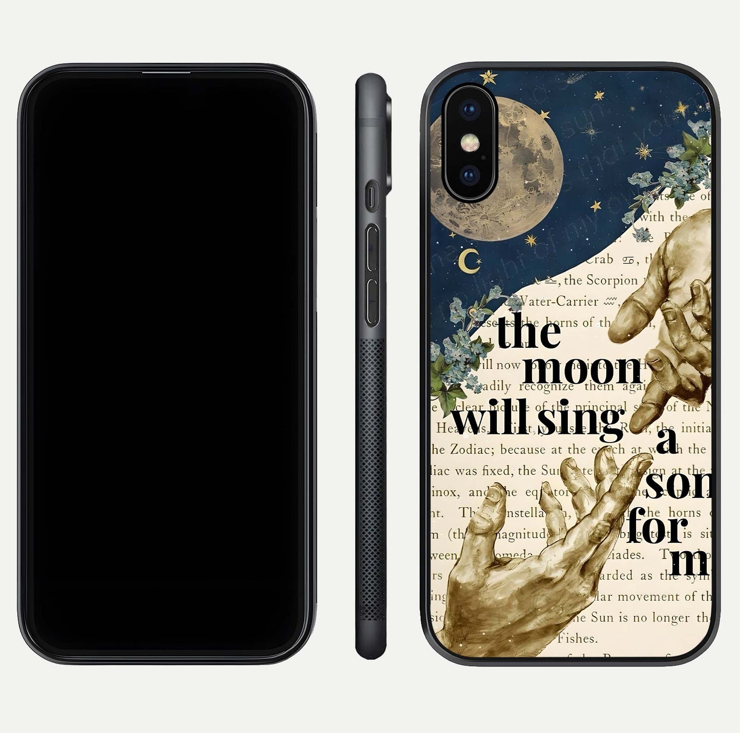 Aesthetic Divine Glass Case for iPhone 16 Pro front and back view layout showing black front display and divine art glass back
