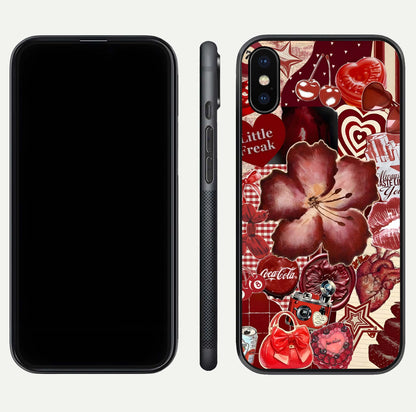 Aesthetic Little Freak Glass Case for iPhone 16 Pro front and back view layout showing black front display and trendy collage glass back