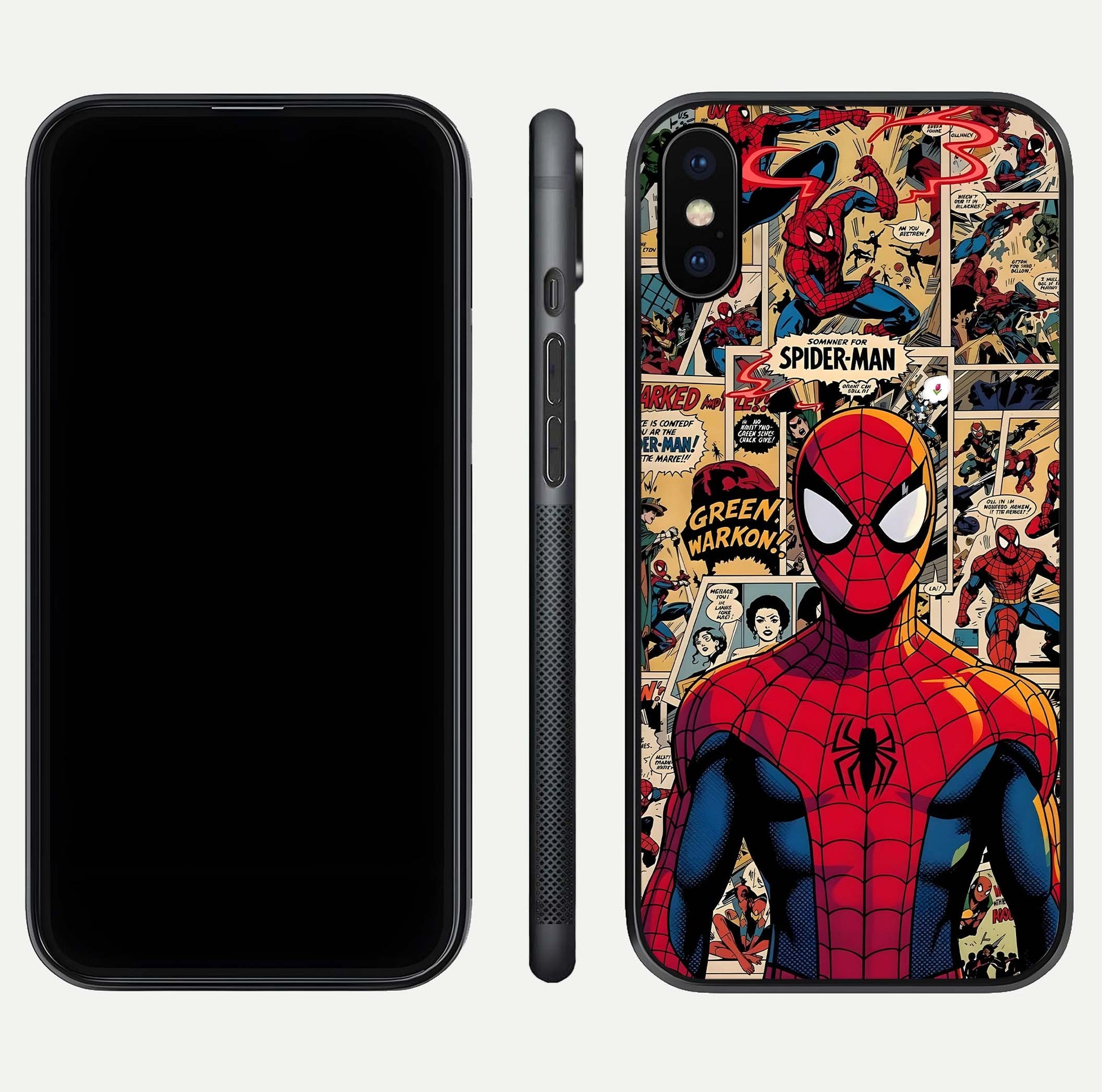 Aesthetic Spider Man Glass Case for iPhone 16 Pro front and back view layout showing black front display and Spider-Man art glass back
