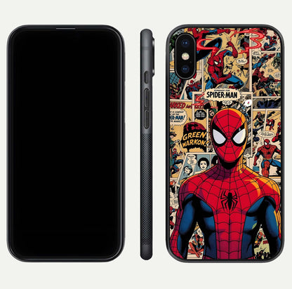 Aesthetic Spider Man Glass Case for iPhone 16 Pro front and back view layout showing black front display and Spider-Man art glass back