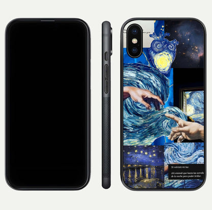 Aesthetic Vando Hands Glass Case for iPhone 16 Pro front and back layout highlighting camera cutout and premium glass shine