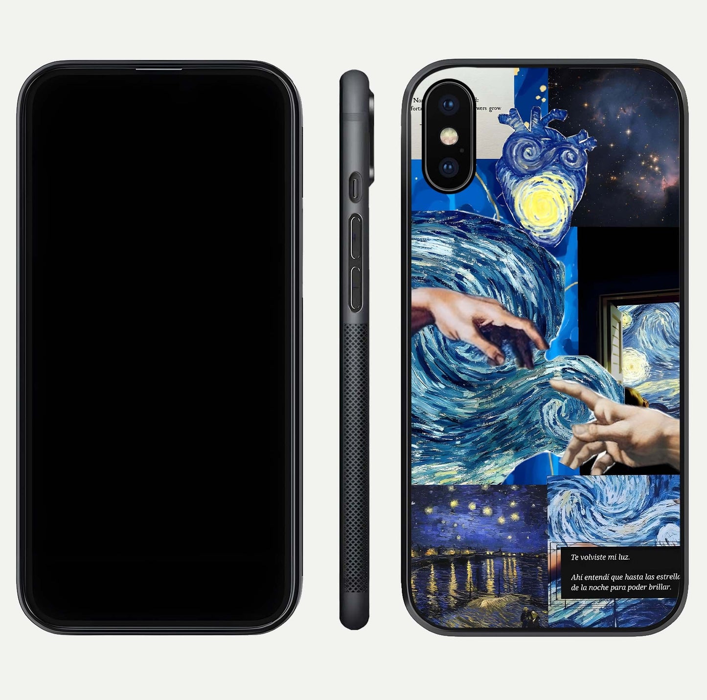 Aesthetic Vando Hands Glass Case for iPhone 16 Pro front and back layout highlighting camera cutout and premium glass shine