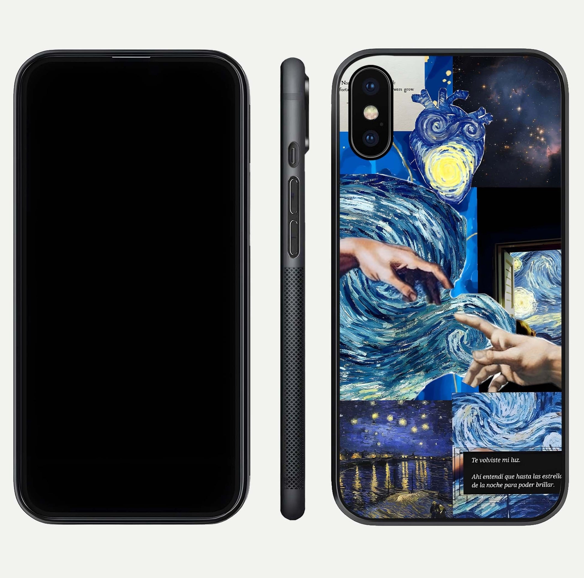 Aesthetic Vando Hands Glass Case for iPhone 16 Pro front and back layout highlighting camera cutout and premium glass shine