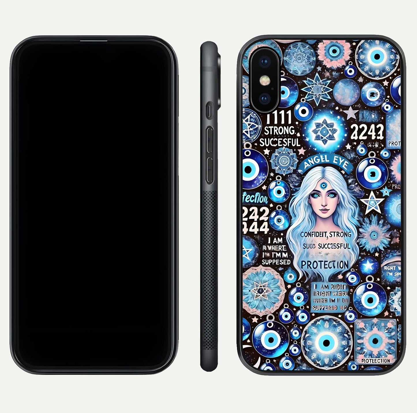 Angel Aura Shield Glass Case for iPhone X front and back display highlighting glass clarity and spiritual design