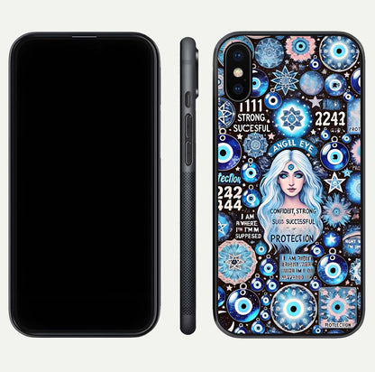 Angel Aura Shield Glass Case for iPhone X front and back display highlighting glass clarity and spiritual design