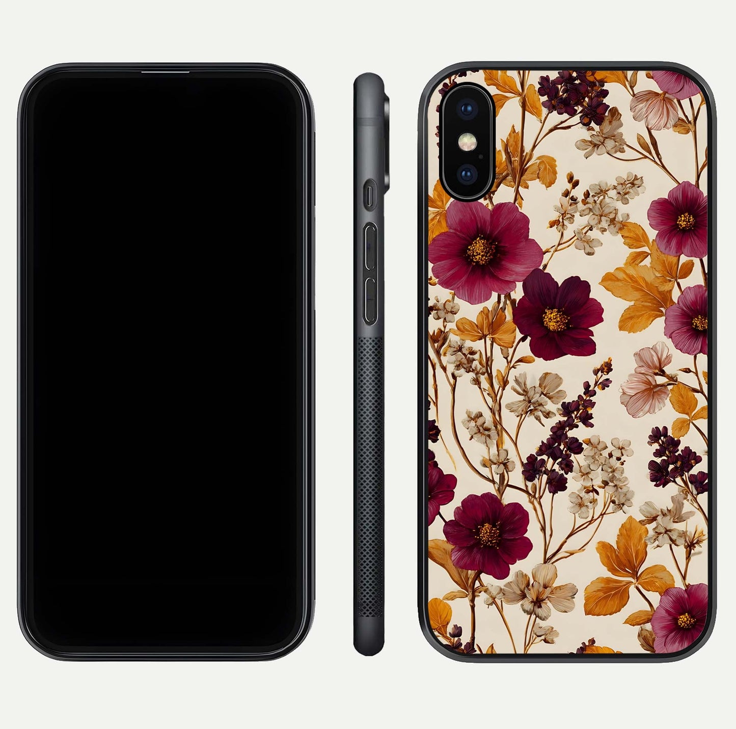 Autumn Wine Bloom Glass Case for iPhone X front and back layout showing autumn print and HD glass clarity