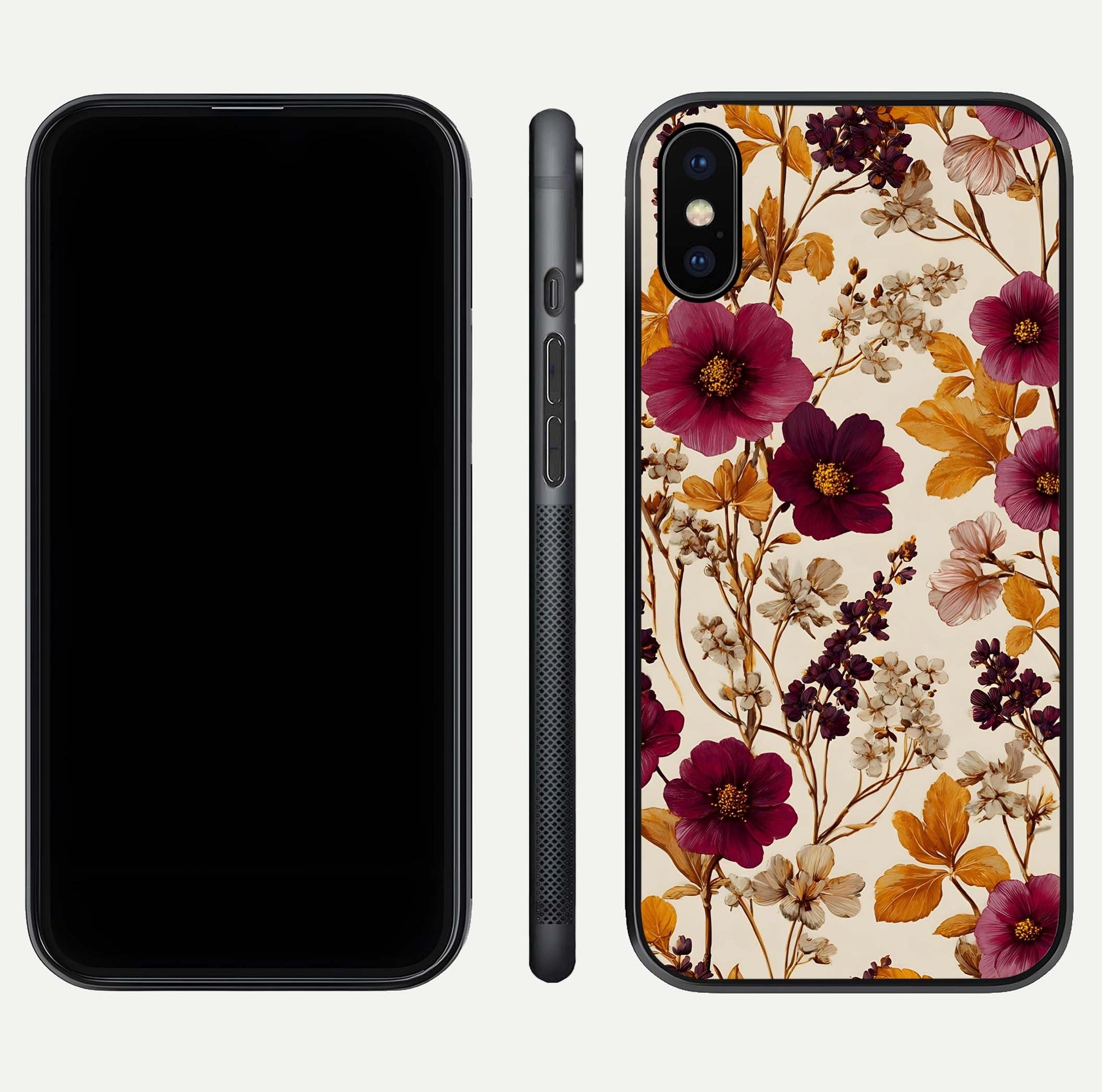Autumn Wine Bloom Glass Case for iPhone X front and back layout showing autumn print and HD glass clarity