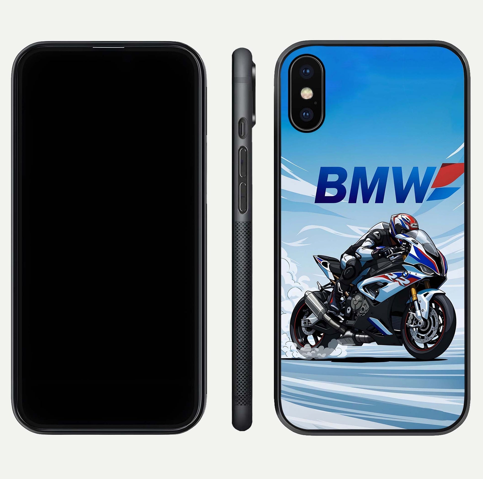 BMW Power Drift Glass Case for iPhone X dual-view layout showing energy pattern and edge clarity