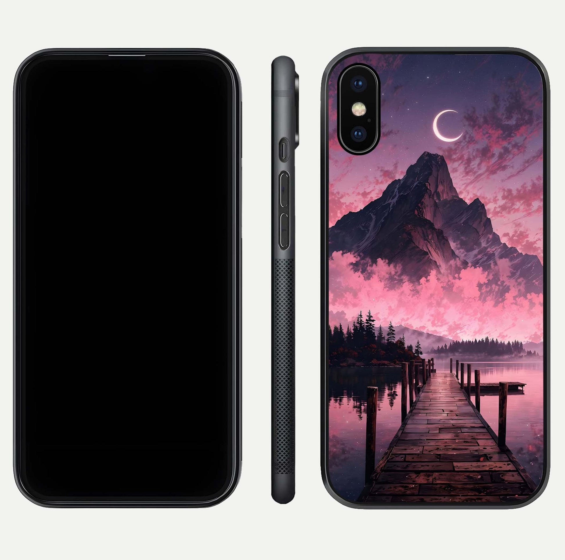 Beautyful Mountain View Glass Case for iPhone X front and back layout showcasing natural tones and clarity