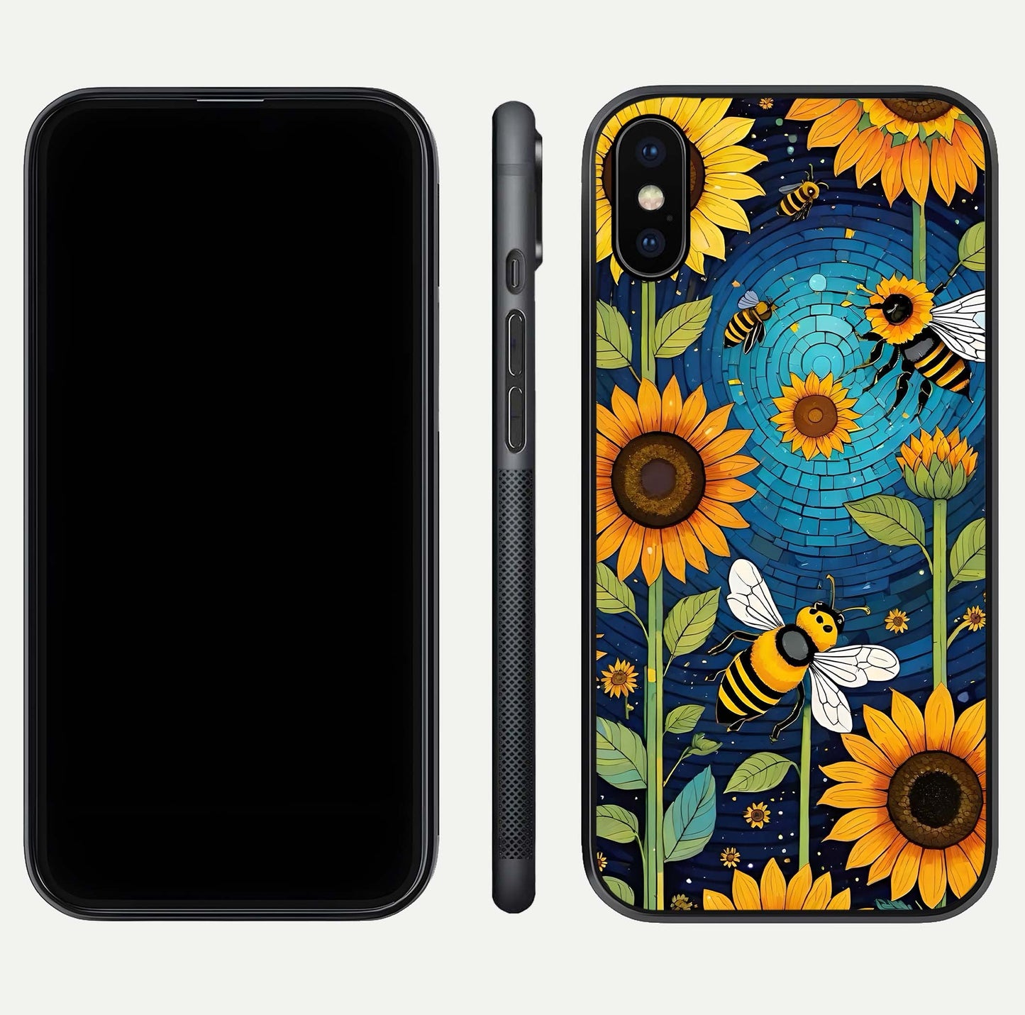 Bees & Sunflowers Glass Case for iPhone 16 Pro front-and-back layout highlighting nature-inspired artwork and protective edge