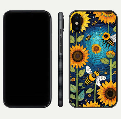 Bees & Sunflowers Glass Case for iPhone 16 Pro front-and-back layout highlighting nature-inspired artwork and protective edge