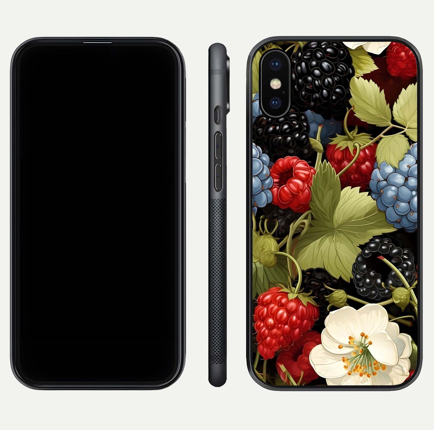 Berry Bloom Charm Glass Case for iPhone X front-and-back layout showing floral pattern continuity and smooth glass shine