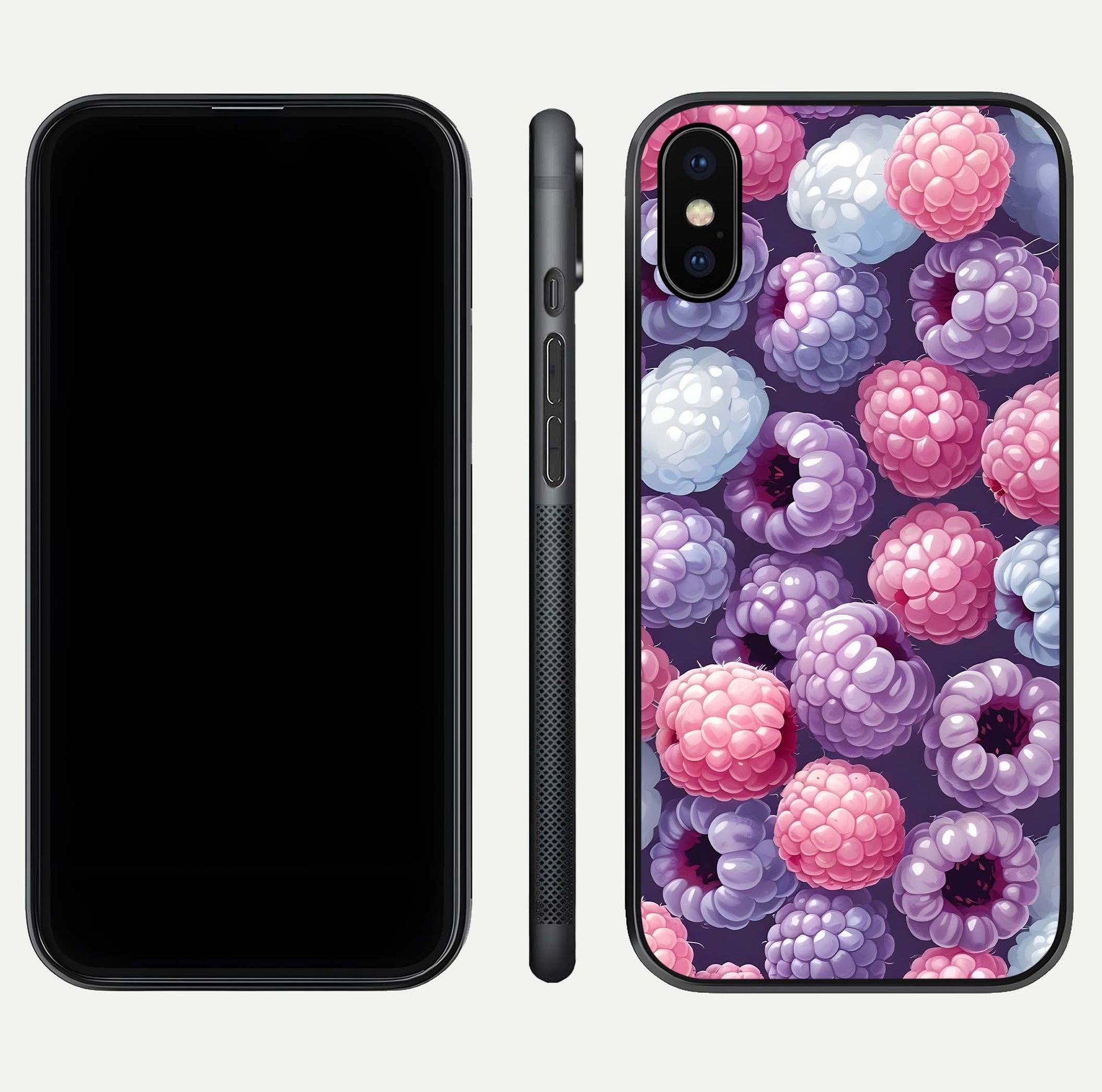 Berry Candy Pop Glass Case for iPhone X front-and-back layout showing colorful pattern and sleek protective frame