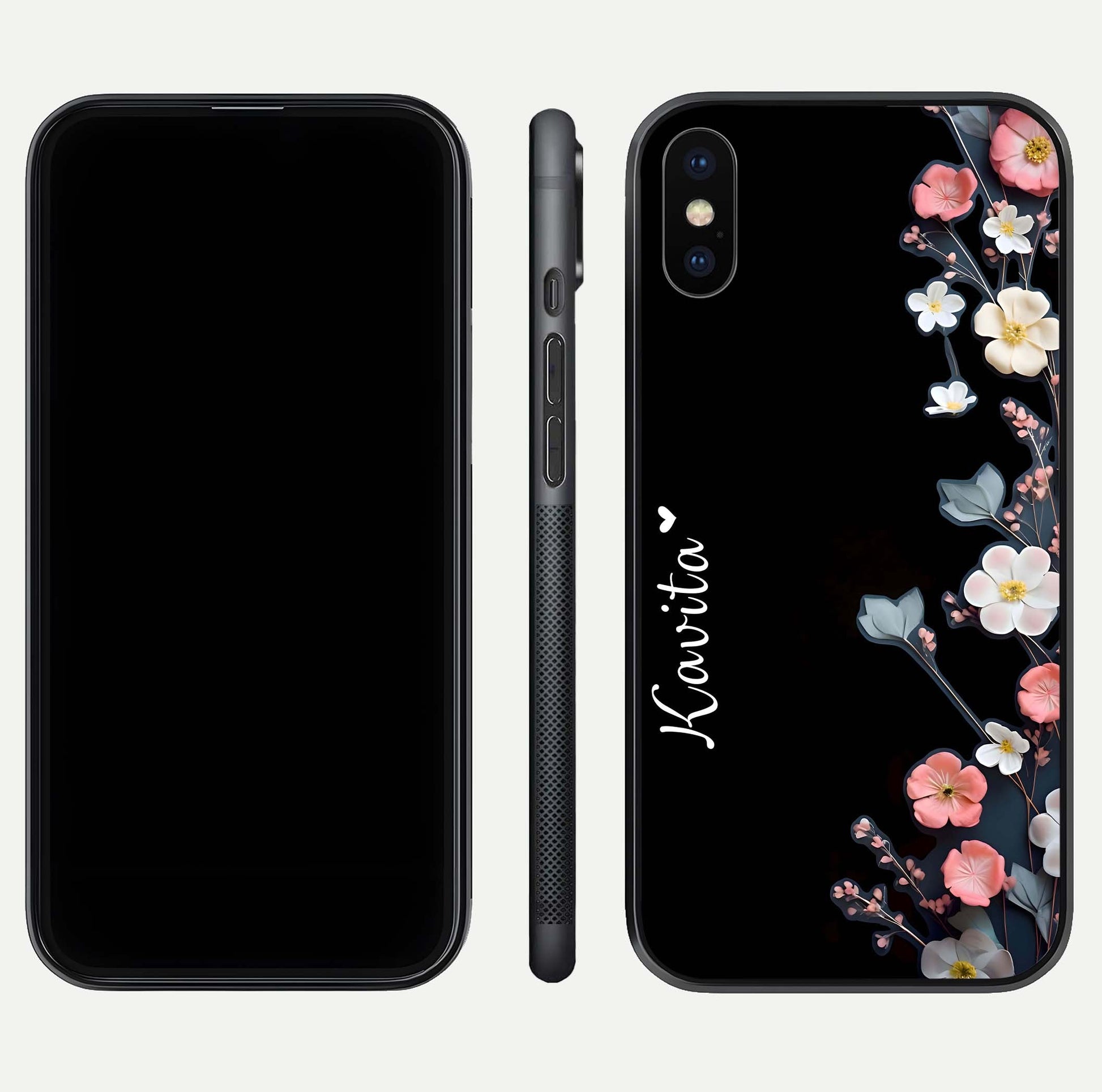 Black Elegance Floral Custom Name Glass Case for iPhone X dual-view layout displaying name placement and gloss finish