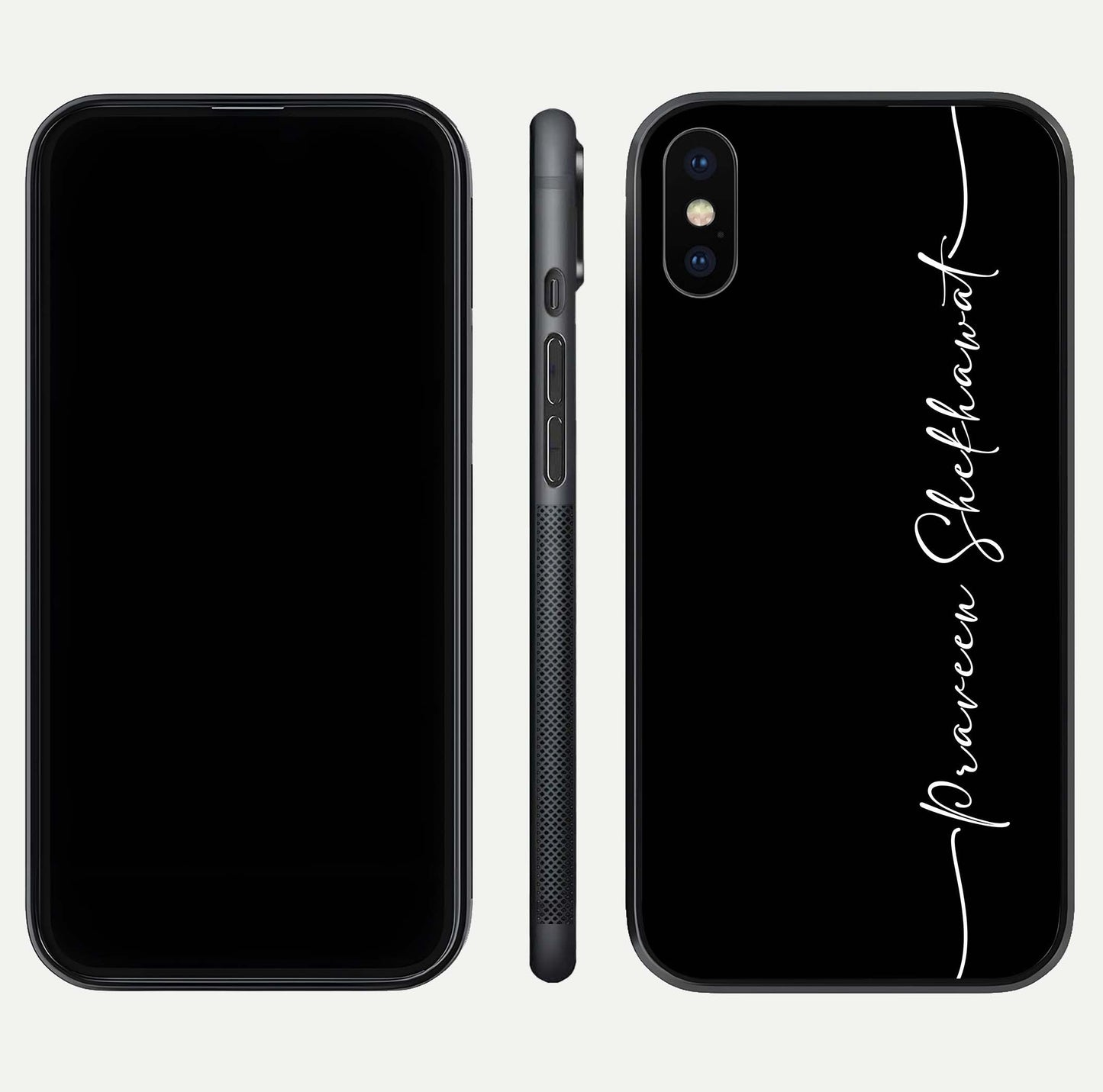 Black Tune Custom Name Glass Case for iPhone X front-and-back layout showing personalized name zone and edges