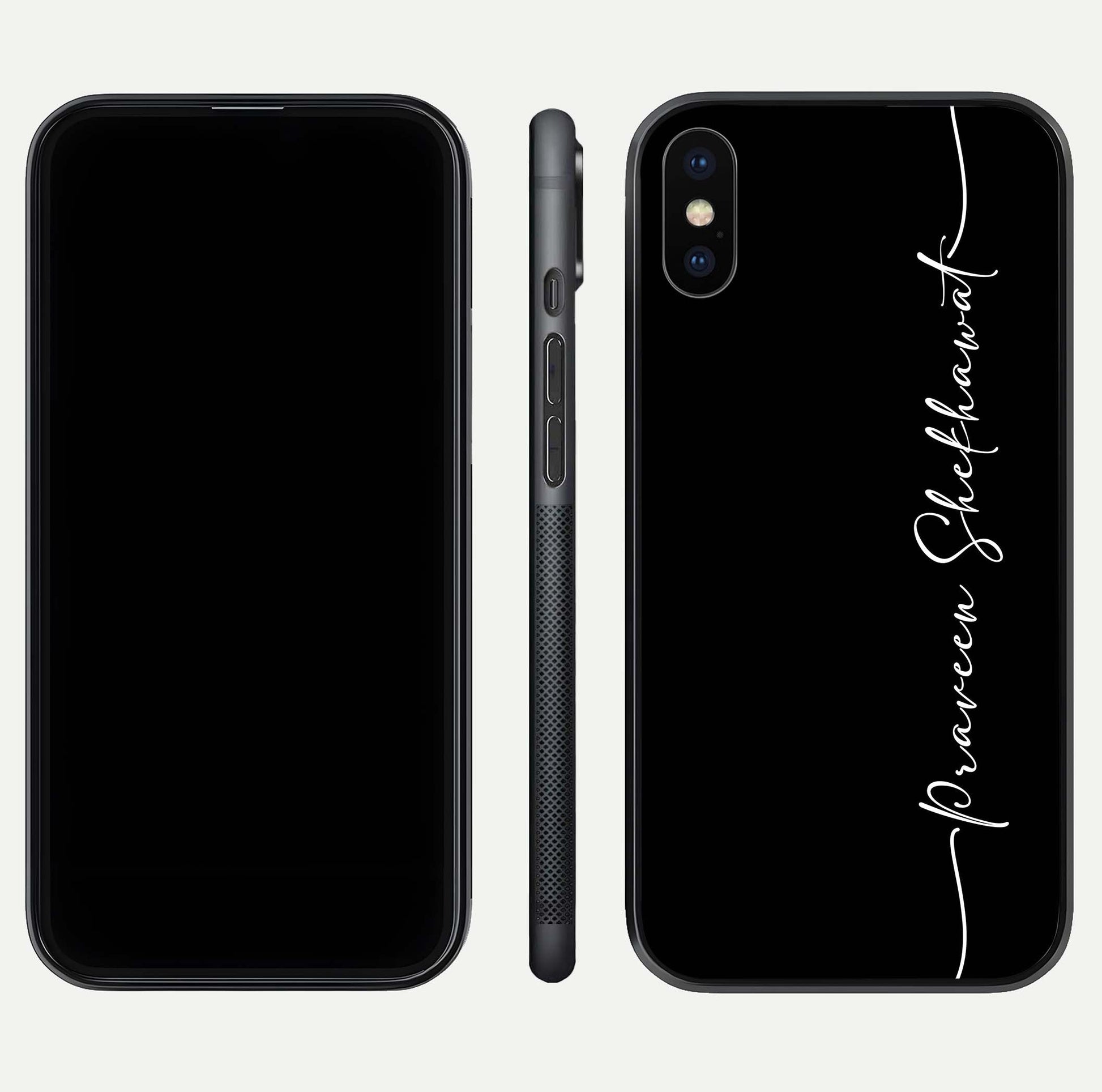 Black Tune Custom Name Glass Case for iPhone X front-and-back layout showing personalized name zone and edges