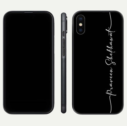 Black Tune Custom Name Glass Case for iPhone X front-and-back layout showing personalized name zone and edges