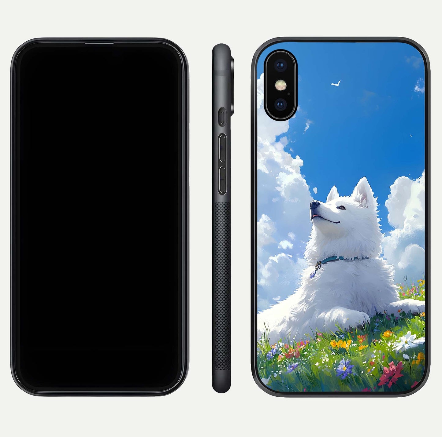 Blissful Cloud Pup Glass Case for iPhone X front-and-back layout showing art alignment and edge design