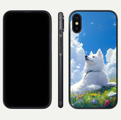 Blissful Cloud Pup Glass Case for iPhone X front-and-back layout showing art alignment and edge design