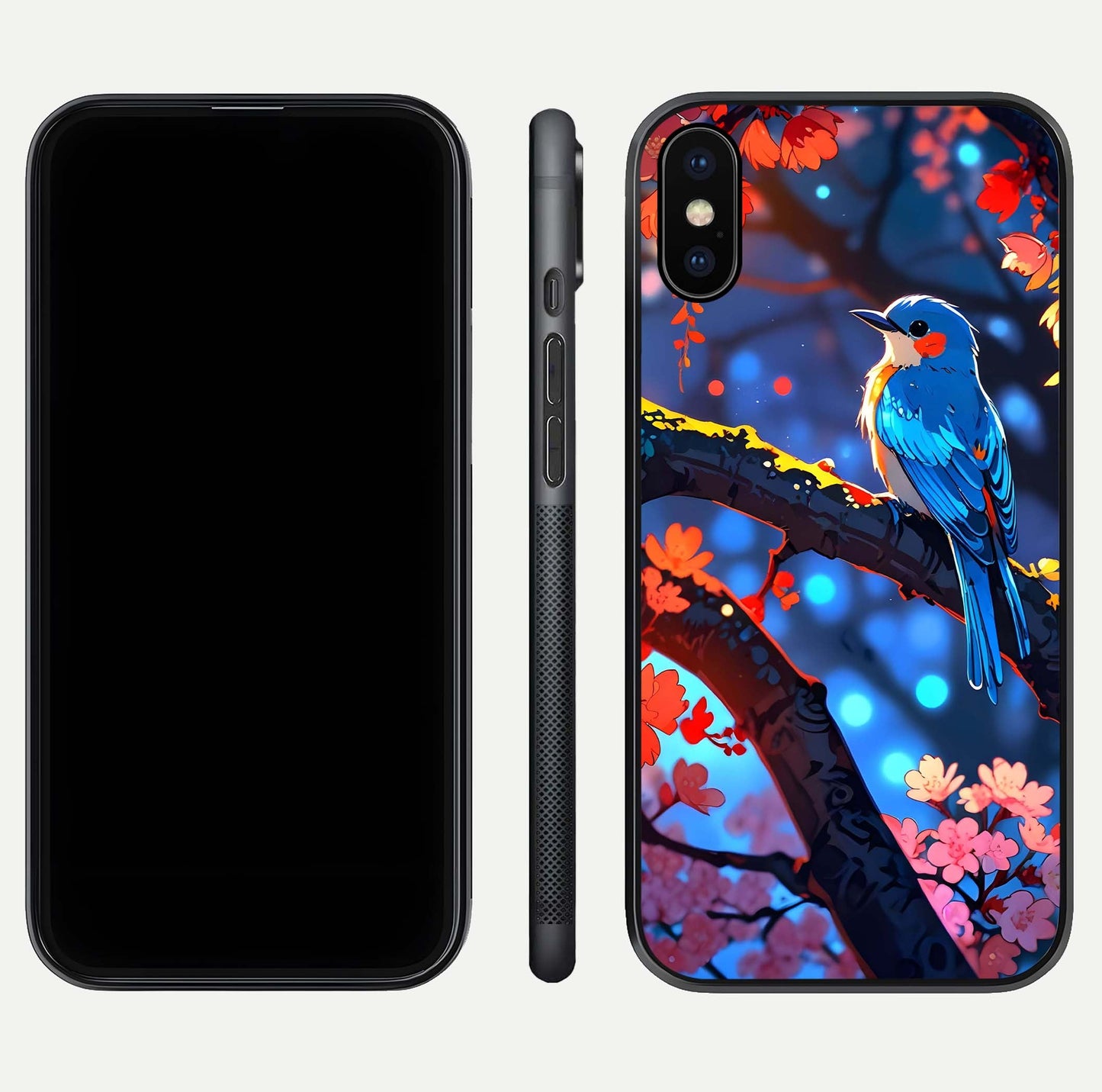Blooming Spendor Bird Glass Case for iPhone X front-and-back view showing nature print and protective edge