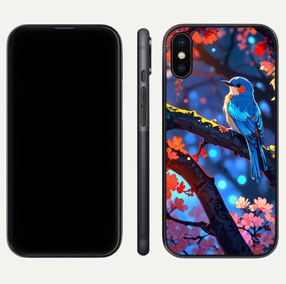 Blooming Spendor Bird Glass Case for iPhone X front-and-back view showing nature print and protective edge