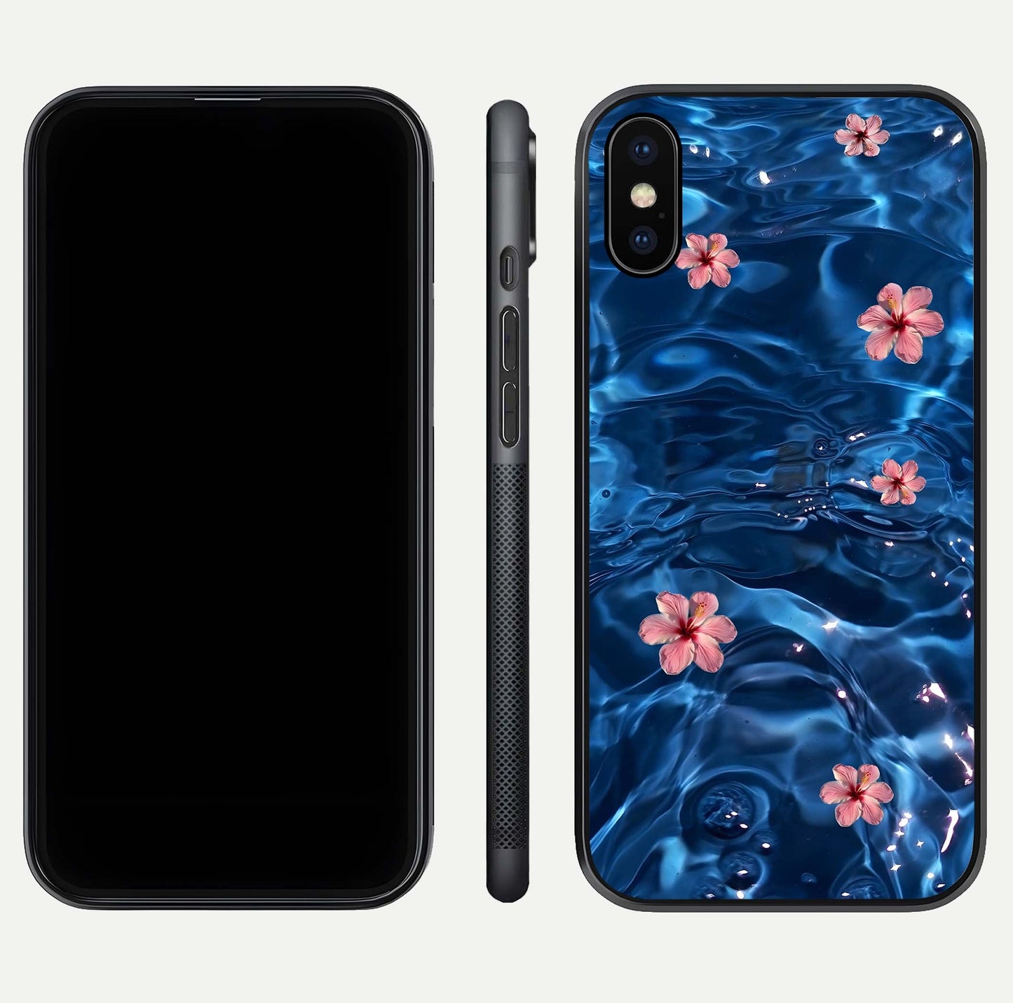 Blooming Water Drift Glass Case for iPhone X front-and-back layout highlighting edge design and serene water bloom art