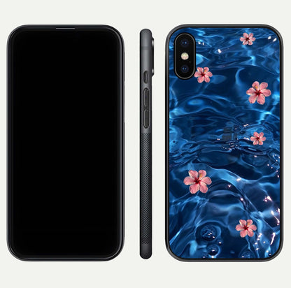 Blooming Water Drift Glass Case for iPhone X front-and-back layout highlighting edge design and serene water bloom art