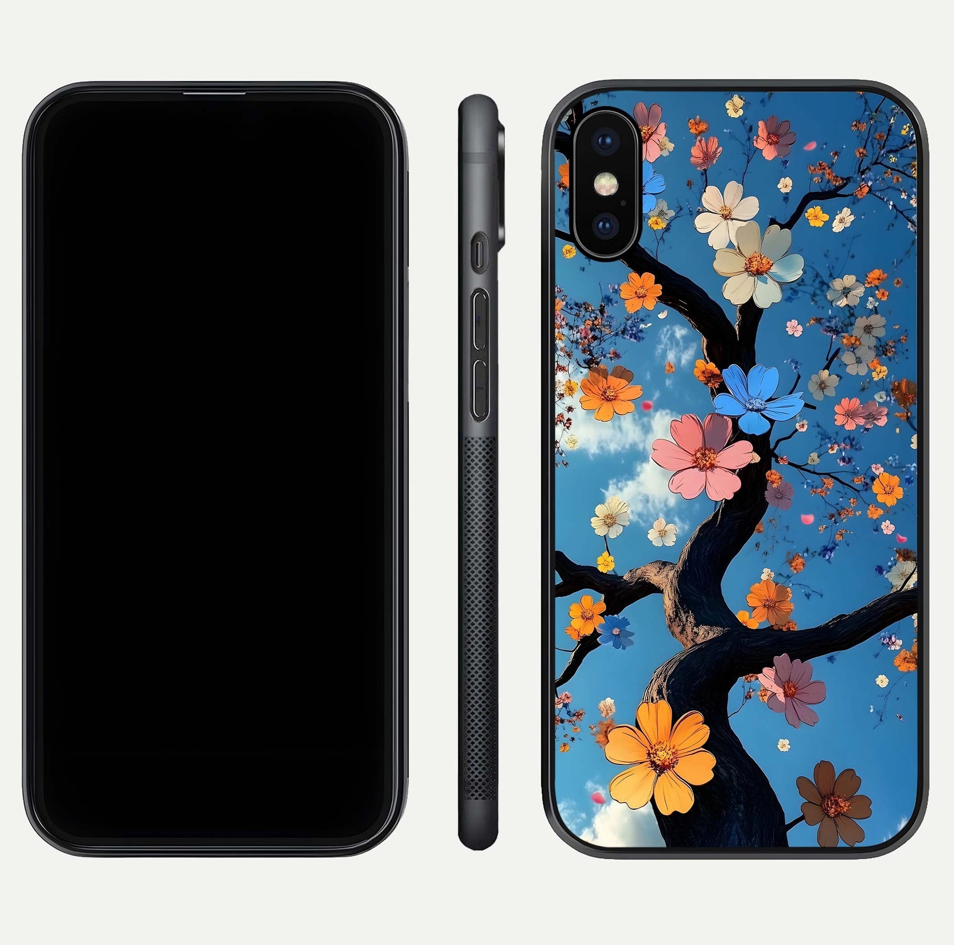 Blossom Dream Sky Glass Case for iPhone X front-and-back layout showing floral print and premium edge gloss