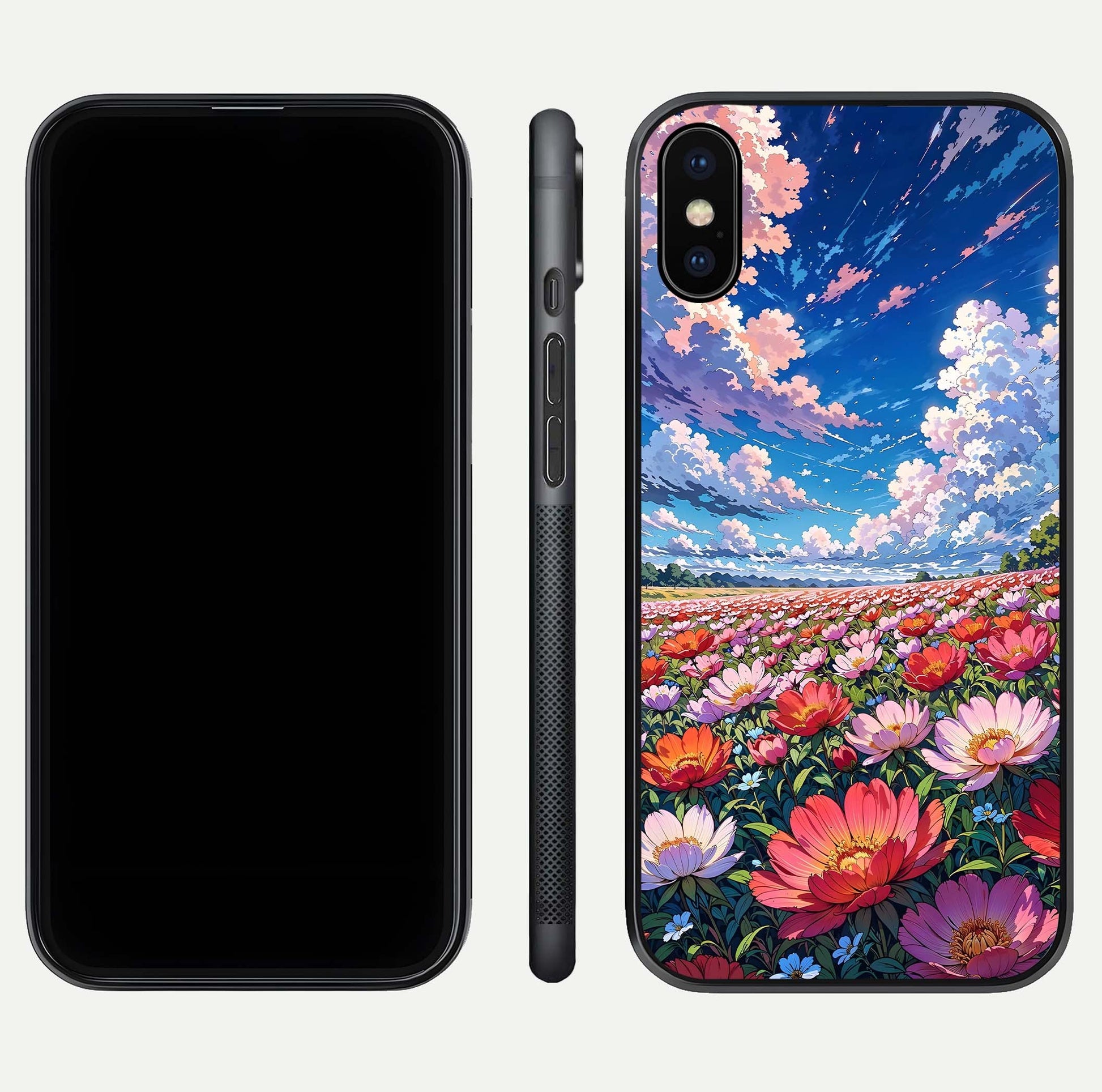 Blossom Sky Field Glass Case for iPhone X front-and-back layout highlighting design edges and gloss clarity