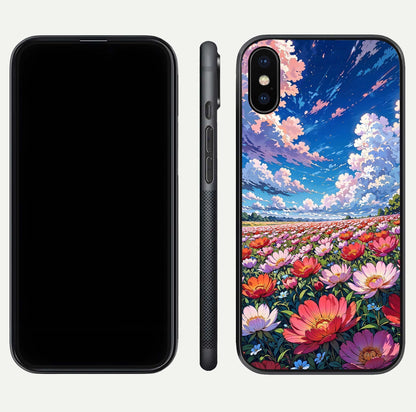 Blossom Sky Field Glass Case for iPhone X front-and-back layout highlighting design edges and gloss clarity