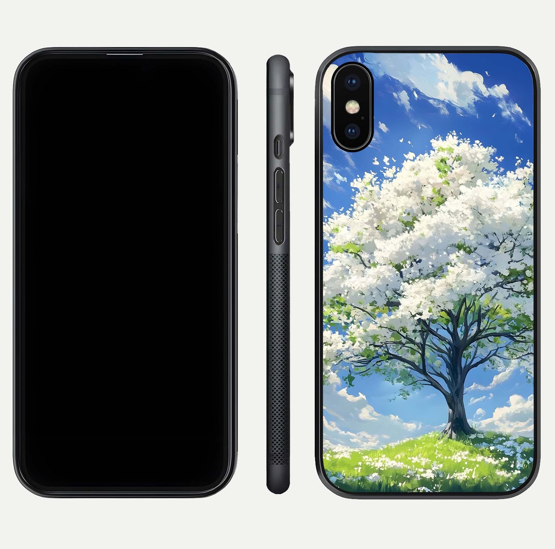 Blossom Sky Serenity Glass Case for iPhone X dual-view layout showing pastel hues and soft protective edges