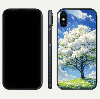 Blossom Sky Serenity Glass Case for iPhone X dual-view layout showing pastel hues and soft protective edges