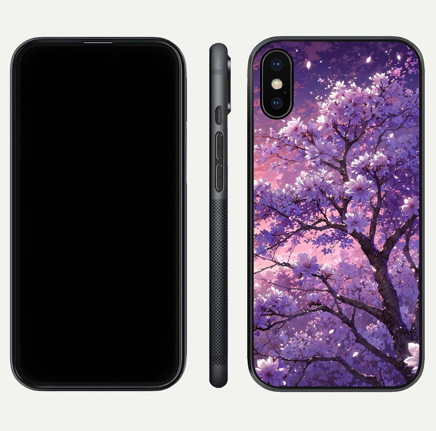 Blossom Tree Glass Case for iPhone X front-and-back layout showing art alignment and gloss reflection