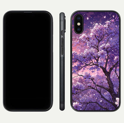 Blossom Tree Glass Case for iPhone X front-and-back layout showing art alignment and gloss reflection