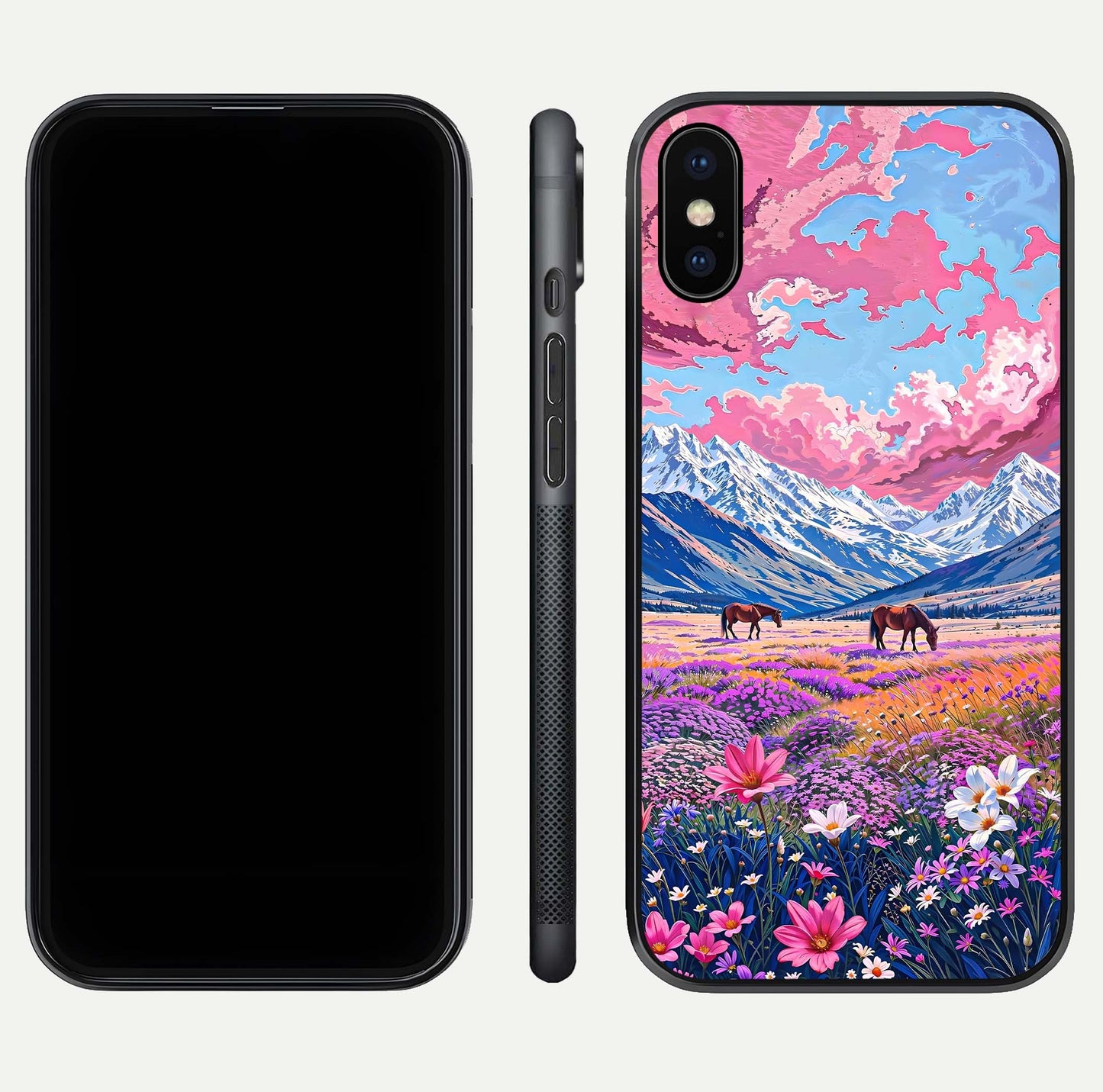Blossom Valley Dream Glass Case for iPhone X front-and-back layout highlighting glossy reflection and edge cut