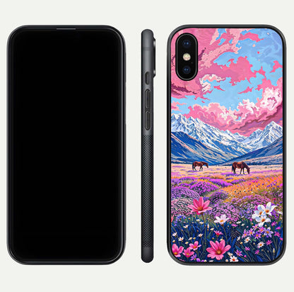 Blossom Valley Dream Glass Case for iPhone X front-and-back layout highlighting glossy reflection and edge cut