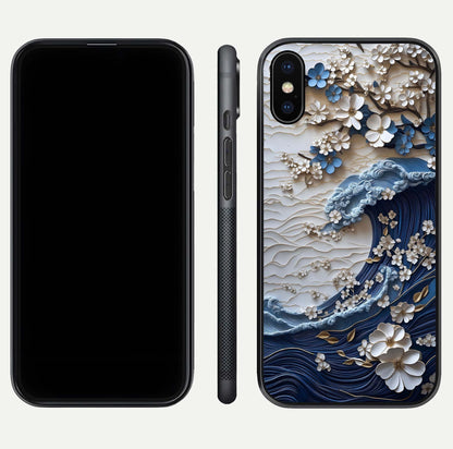 Blossom Wave Art Glass Case for iPhone X front-and-back layout showing curved design and glass clarity