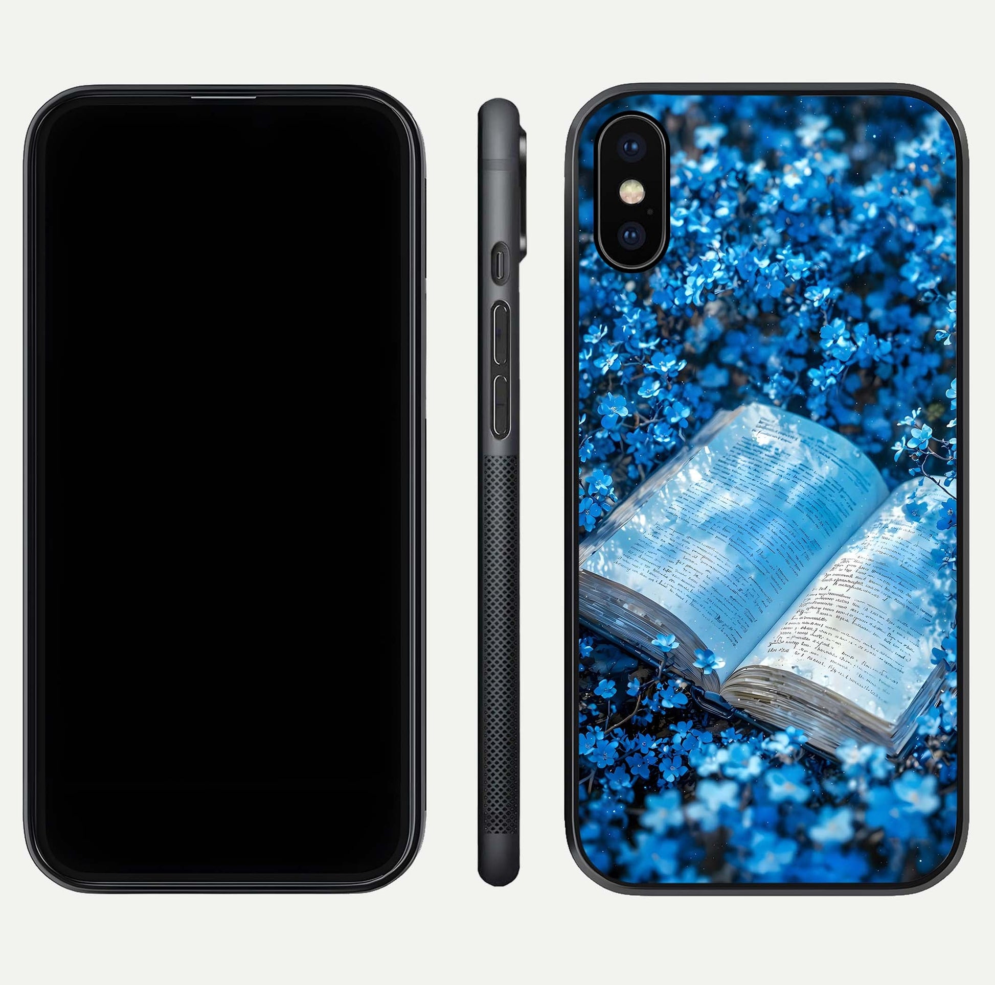 Blue Bloom Tales Glass Case for iPhone X dual-view layout highlighting shine, floral print, and smooth edges