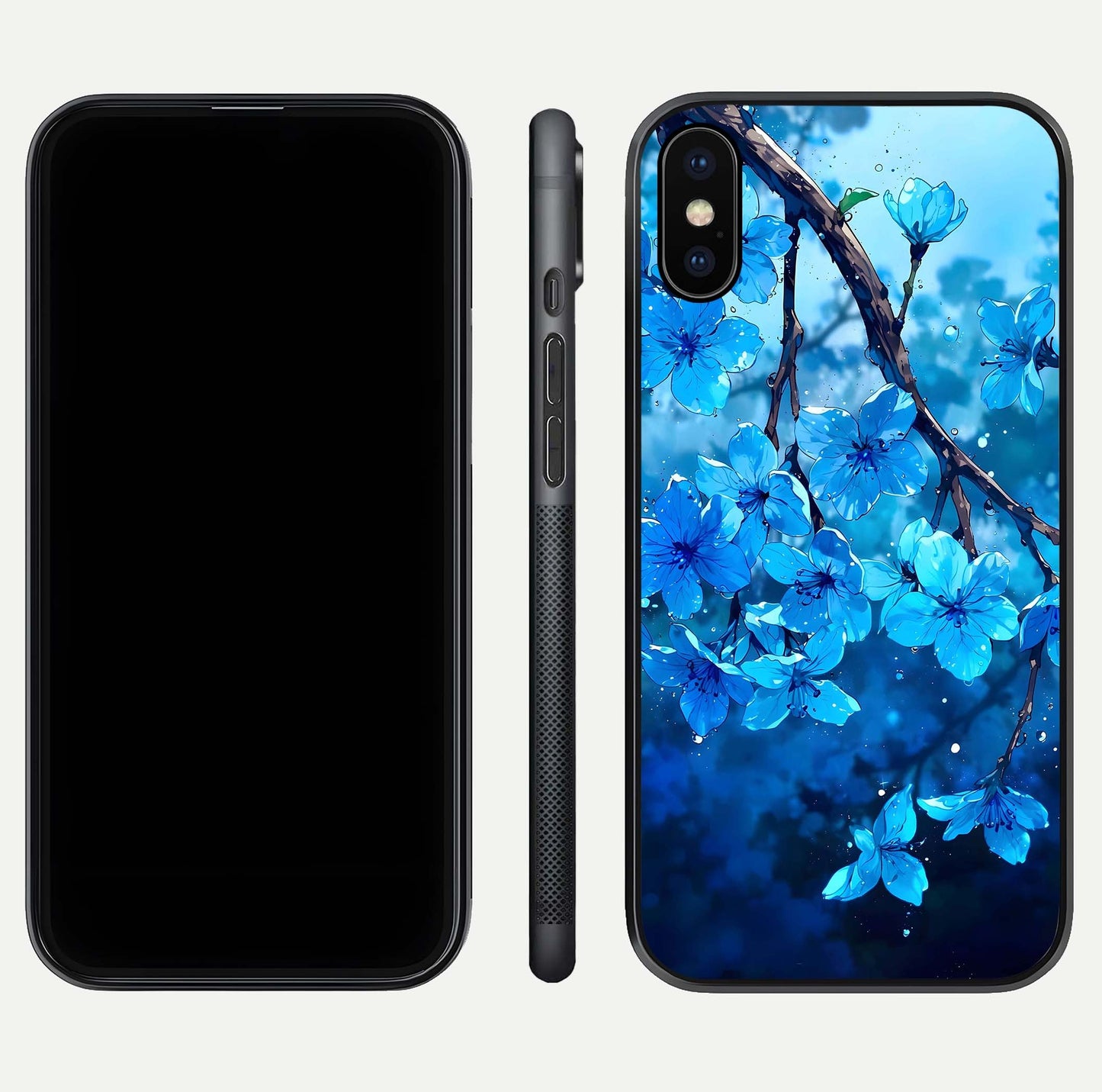 Blue Blossoms Branch Glass Case for iPhone X dual-view layout displaying floral art and sleek protective frame