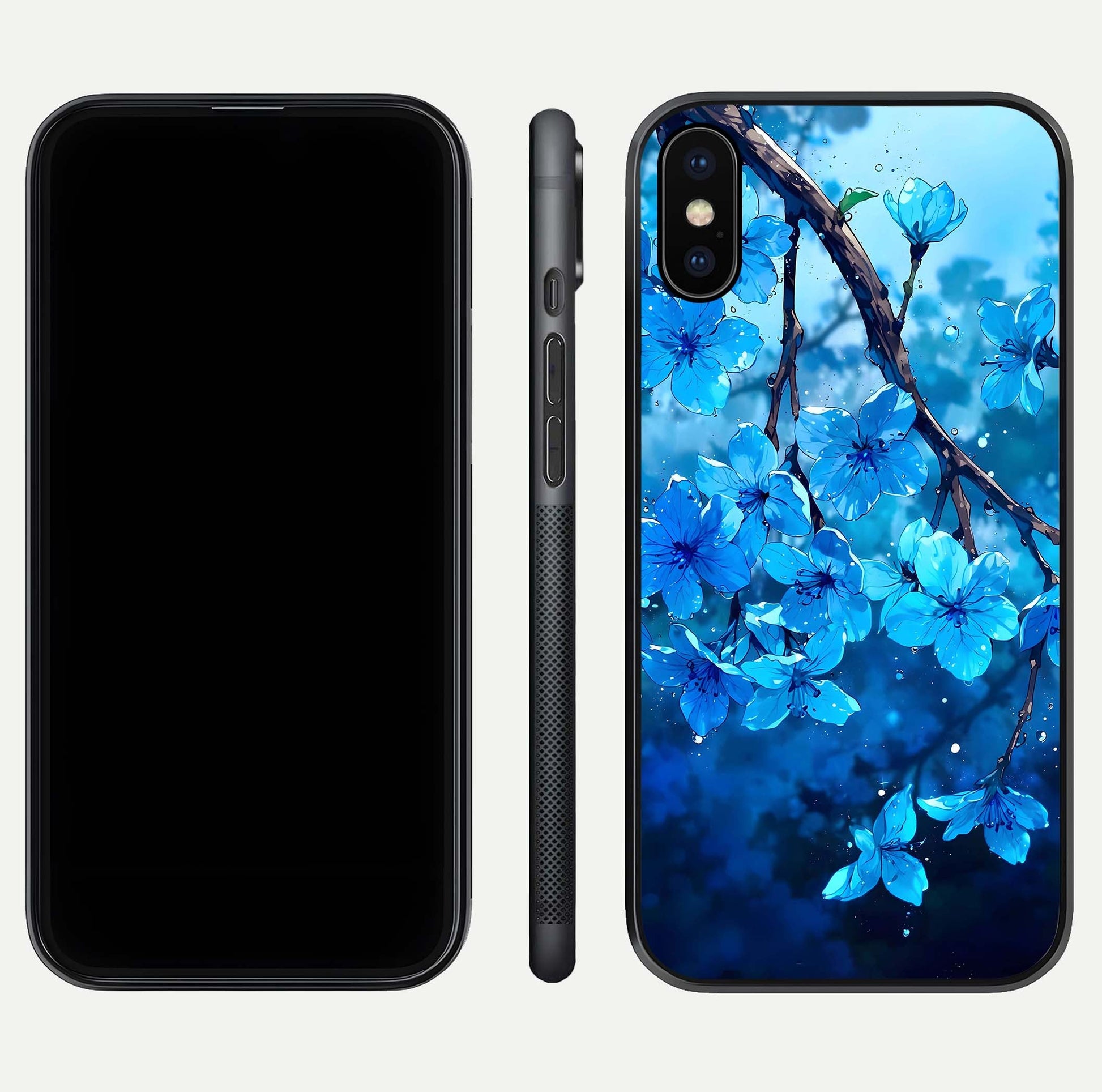 Blue Blossoms Branch Glass Case for iPhone X dual-view layout displaying floral art and sleek protective frame