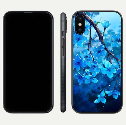 Blue Blossoms Branch Glass Case for iPhone X dual-view layout displaying floral art and sleek protective frame