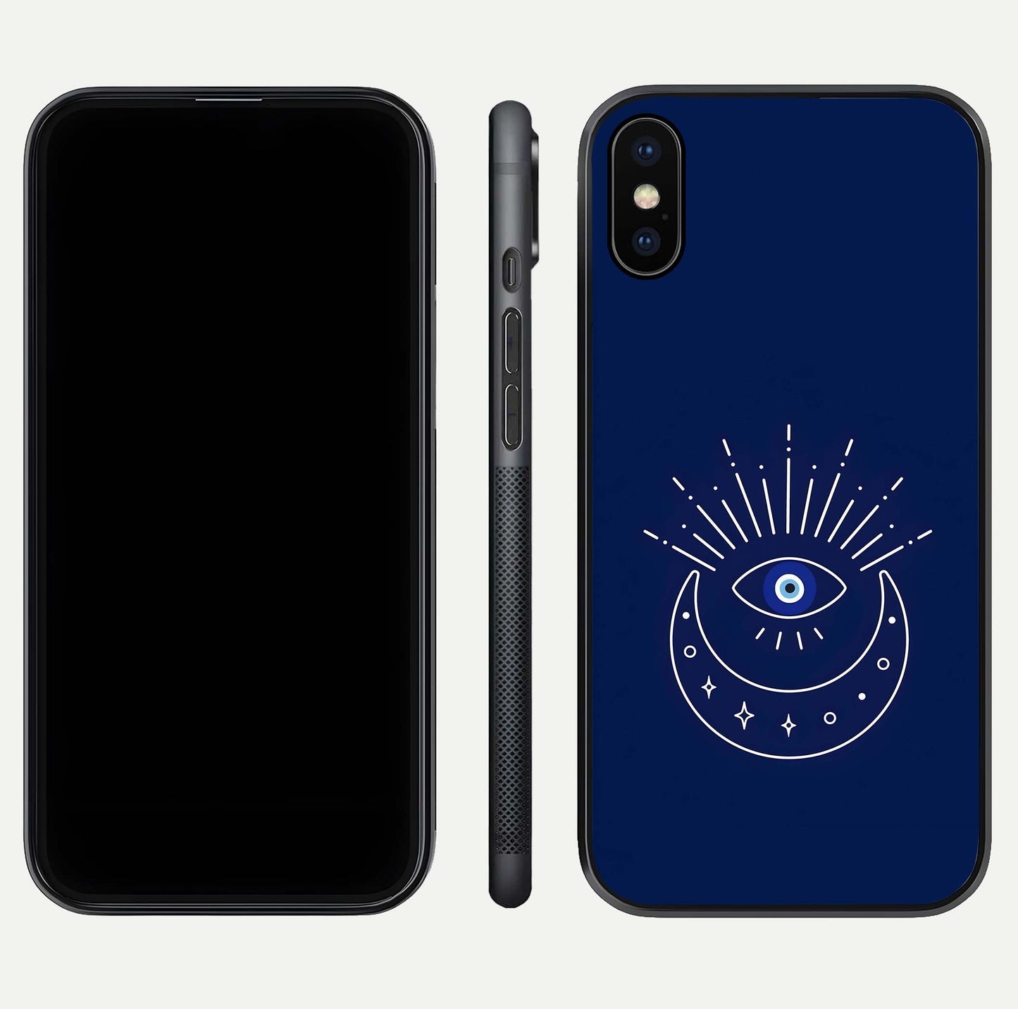 Blue Evil Eye Glass Case for iPhone X front-and-back layout showing blue aura design and curved-edge clarity