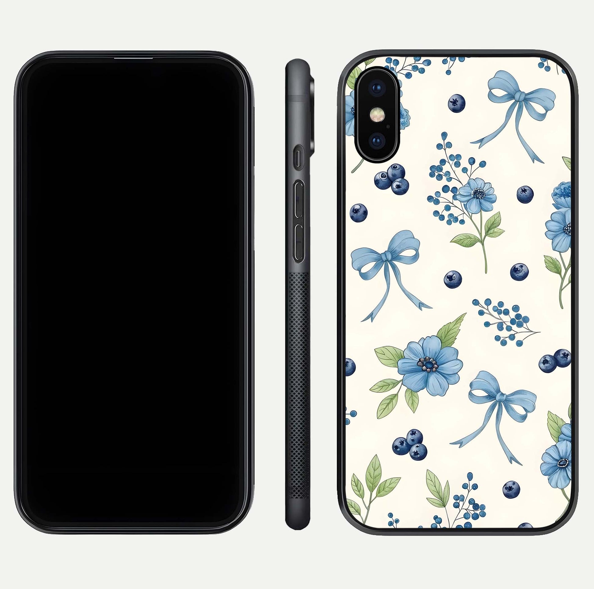 Blue Flower & Bow Glass Case for iPhone X dual-view layout showing balanced pattern and smooth edges