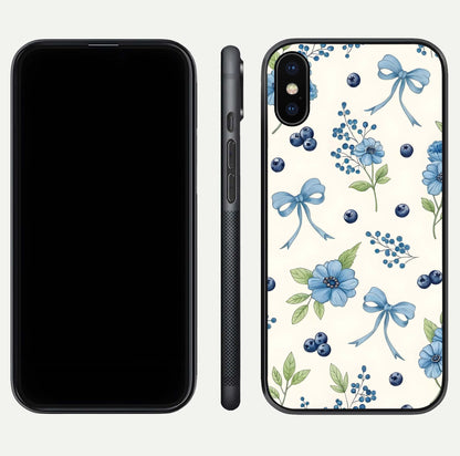 Blue Flower & Bow Glass Case for iPhone X dual-view layout showing balanced pattern and smooth edges